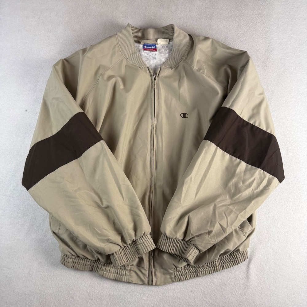 Champion Mens Tan Brown Colorblock Mesh Lined Windbreaker Jacket Large Full Zip
